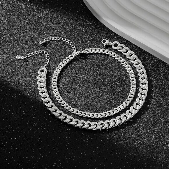Ankle Bracelets for Women: Layered Cuban Chain-Silver - Picture 3 of 7